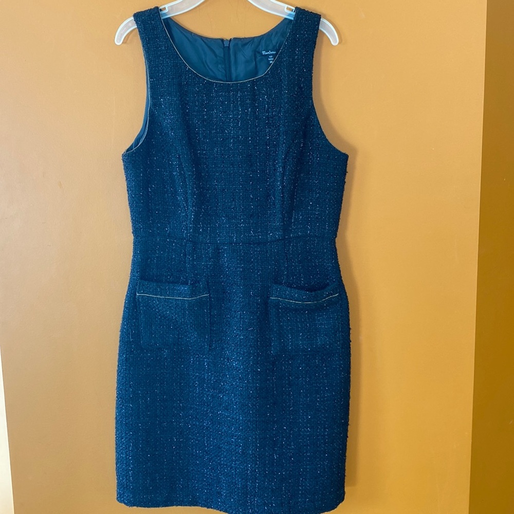 Ladies, Monteau tweedy dress with gold trim size medium. black with black lining
